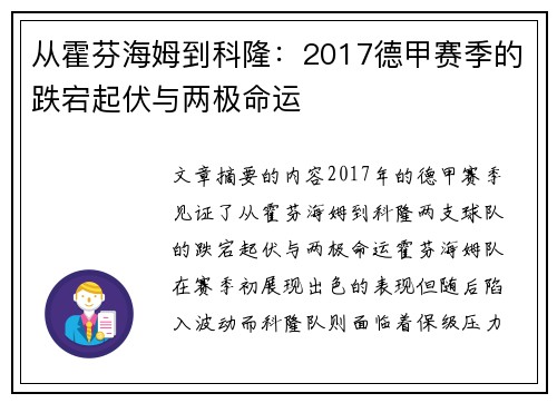 从霍芬海姆到科隆：2017德甲赛季的跌宕起伏与两极命运
