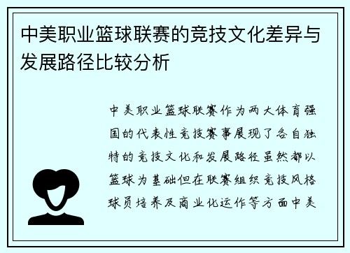 中美职业篮球联赛的竞技文化差异与发展路径比较分析