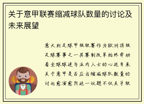 关于意甲联赛缩减球队数量的讨论及未来展望